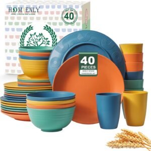 Homienly 40-Piece Premium Wheat Straw Dinnerware Sets, Service for 8, Unbreakable Plates and Bowls Set - Cups Sets, Dinner Plates, Bowls for Kitchen,Dishwasher and Microwave Safe Dishes Set - Multi