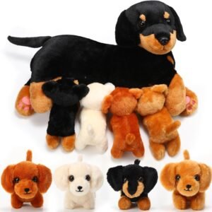 Honoson Nurturing Dog Mommy Plush Set with 4 Baby Puppies Soft Cute Dog Themed Stuffed Plush Toys for Kids Girls Boys Easter Birthday Gifts(Dachshund)