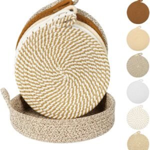 Hot Pads for Quartz Countertops with Storage Basket | 6-Pack 8-Inch Cotton Trivets for Hot Dishes & Pots | Machine Washable Farmhouse Kitchen Decor