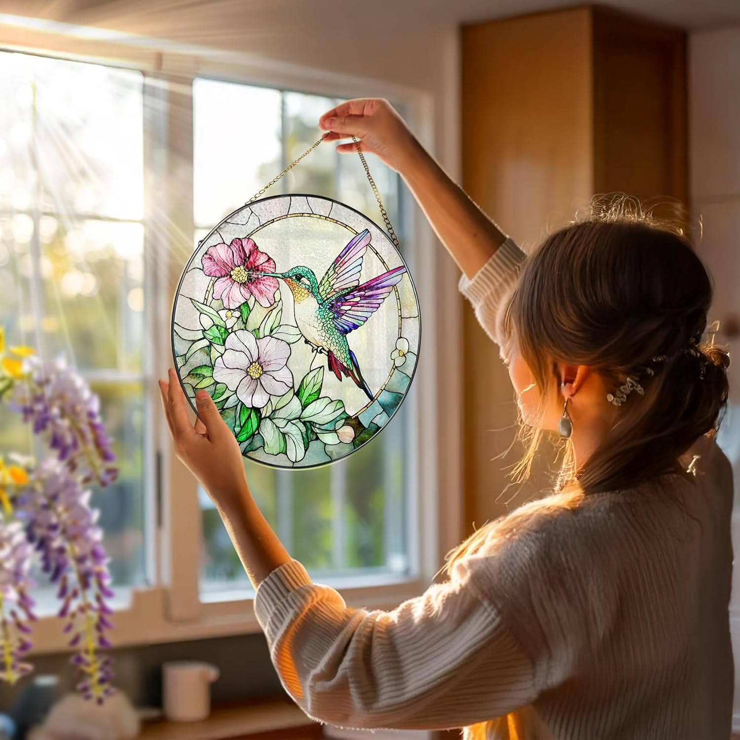 Hummingbird Suncatcher Stained Glass, Stain Glass Window Hanging, 8 Inch Stained Glass Decor, Bird Wall Art, Hummingbird Gifts, Gifts for Mom, Indoor Decor, Memory Sympathy Gift - Image 2