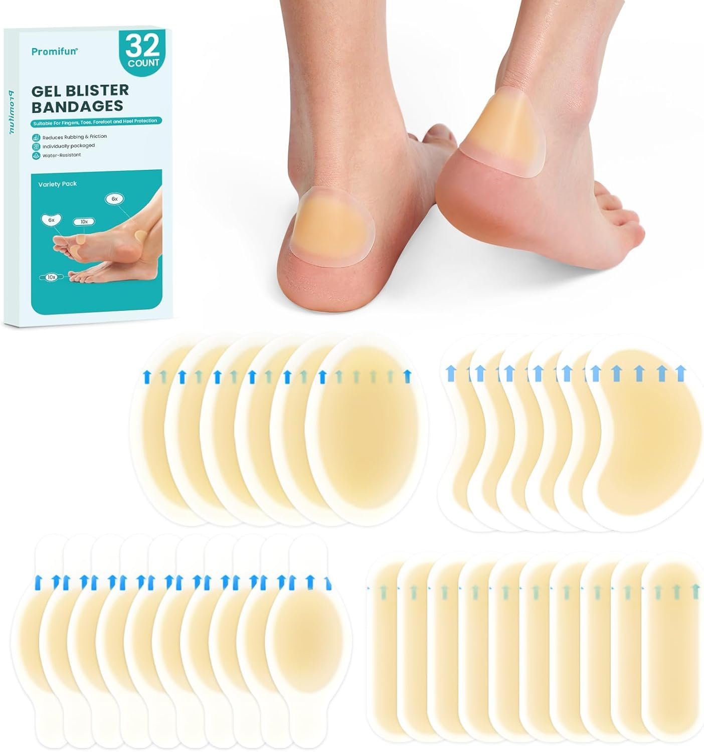 Hydrocolloid Gel Blister Bandages Pads - (Variety Pack) Promifun 32ct Waterproof Adhesive Blisters Bandages - Blister Pads for Heel, Foot, Toe, Feet - Gel Blister Chshions for Prevention & Recovery