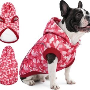 IECOii Camo Dog Hoodie Fleece Lined Dog Sweatshirt Pullover with Leash Hole and Reflective Stripes, Windproof Warm Hoodie for Small Dogs Girl Boy, Fall Winter Outdoor Pet Hoodies, Pink Camo, M