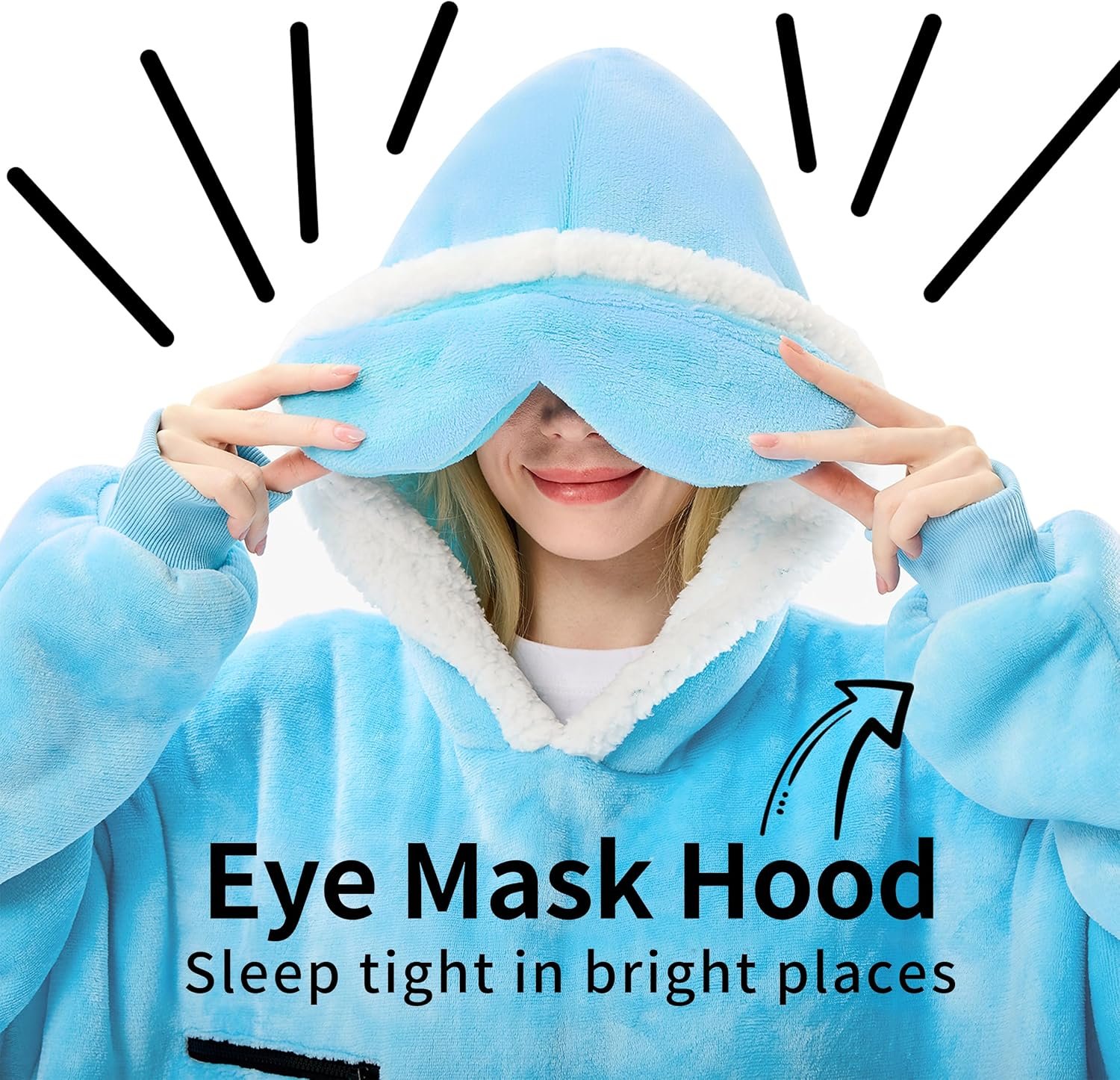 IFNOW Wearable Blanket Hoodie, Oversized Sherpa Fleece Hooded Sweatshirt with Eye Mask, Cozy and Giant Blanket Hoodie with Sleeves Extra Long for Adults Men Women, Skyblue - Image 2