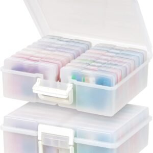 IRIS USA 4" x 6" |Made in USA| 2-Pack Photo Organizers and Picture Storage Box with Handle, 16 Inner Cases/Containers for Tasks, Stickers, Ephemera, & Flashcards - Pearl