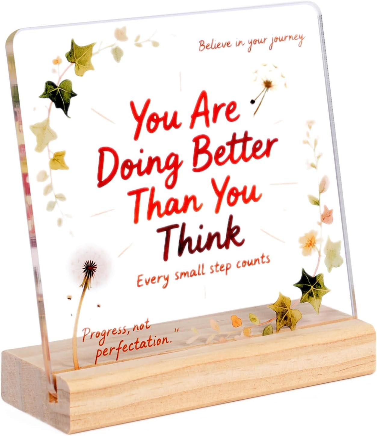 Inspirational Acrylic Desk Plaque with Wooden Base – “You Are Doing Better Than You Think” – Motivational Gift for Women, Men, Coworkers, Office, Home Desk Decor, Encouragement Sign