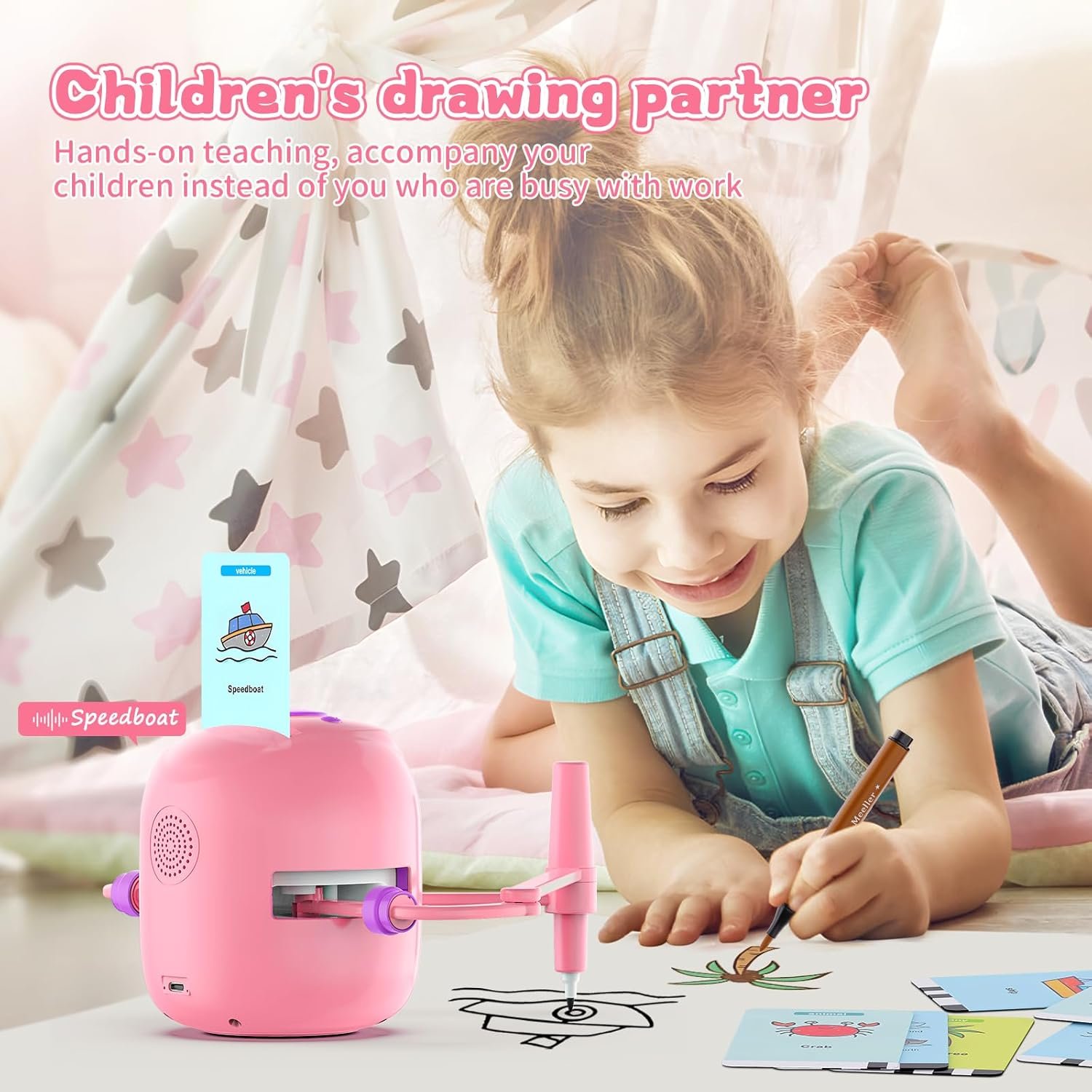 Interactive Educational Drawing Robot for Kids - Montessori Learning Toy with 150 Word Cards, Voice Interaction, Ages 5+ (Pink) - Image 2