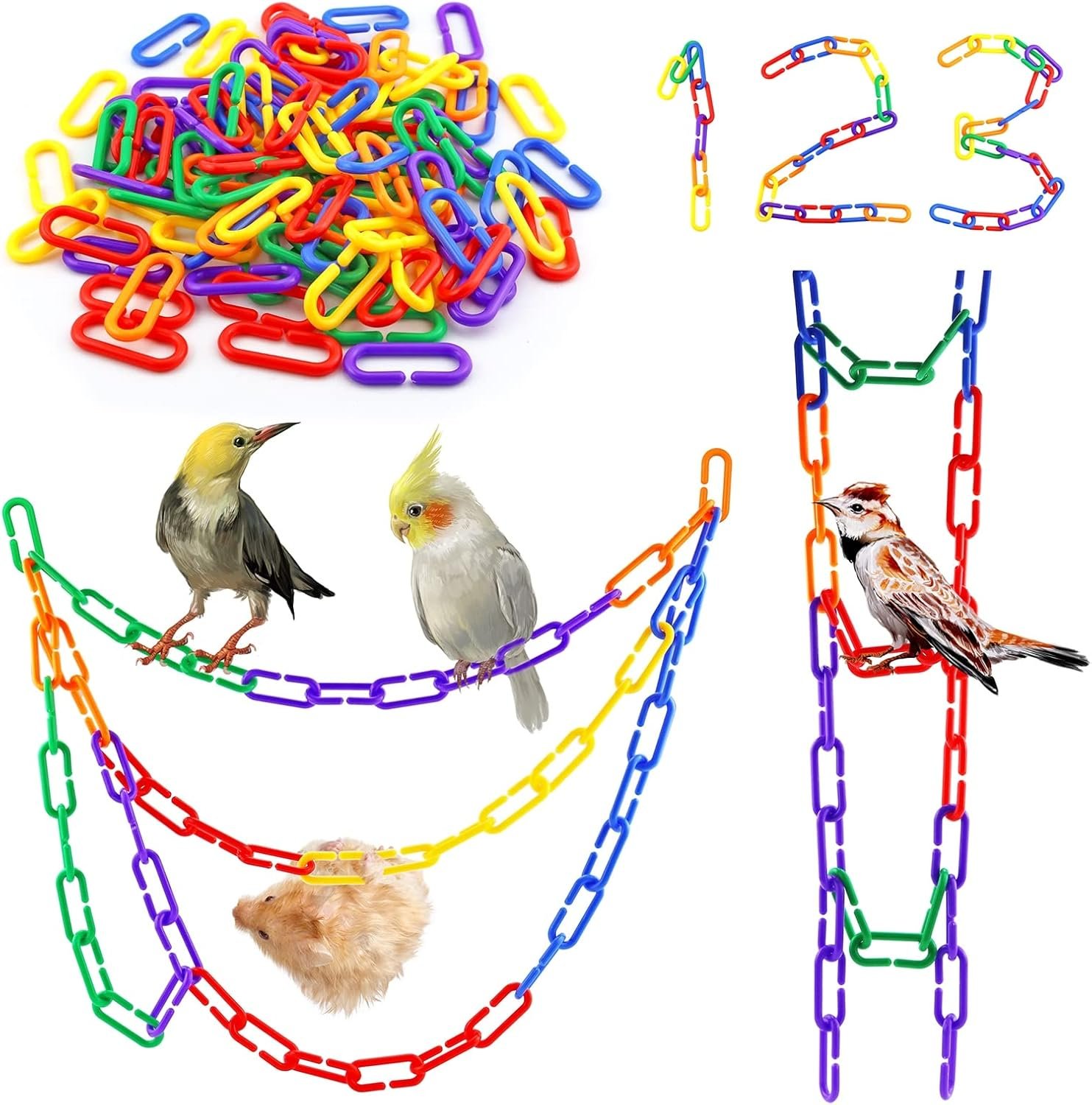 JIALEEY 100PCS Plastic Chain Links, Children's Learning Toy, Mix Color Rainbow DIY C-Clips Chains Hooks Swing Climbing Cage Toys for Bird Sugar Glider Rat Parrot