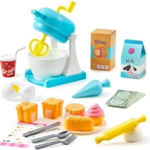 JOVA lalalark Whisk n' Bake Bakery Mixer Playset, 16 Pieces Toy Kitchen and Food Accessories with Play Money and Menu, Role Play Toys for Girls Boys, Easter Basket Stuffers Birthday Gift for Kids