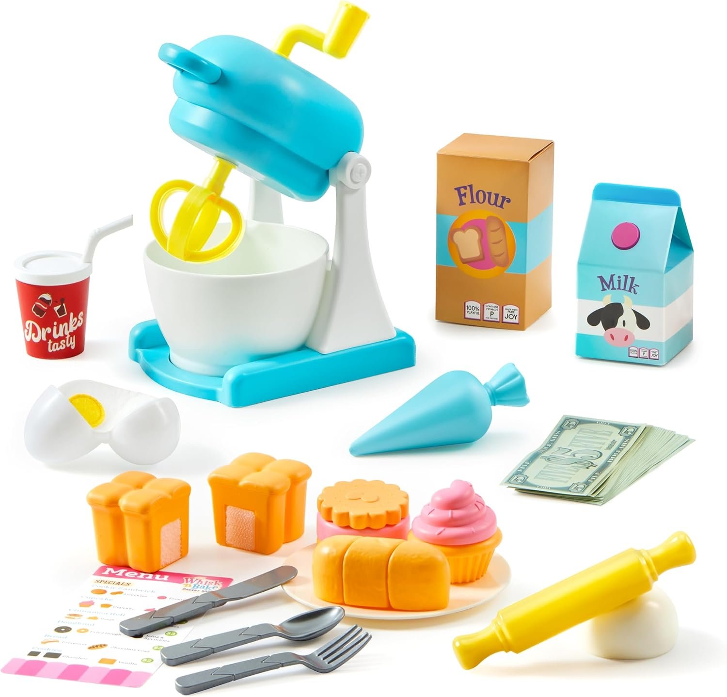 JOVA lalalark Whisk n' Bake Bakery Mixer Playset, 16 Pieces Toy Kitchen and Food Accessories with Play Money and Menu, Role Play Toys for Girls Boys, Easter Basket Stuffers Birthday Gift for Kids