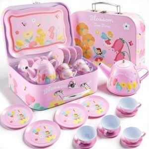 JOYIN Fairy Blossom Tea Party Set for Little Girls, Pretend Pink Tin Teapot Set, Princess Tea Time Play Kitchen Toy with Teapot, Cup, Plate, Carrying Case for Kids Toddlers Age 3 4 5 6