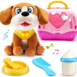 JOYIN Toy Dog for Toddlers, Play Puppy Toy with Carrier & Accessories, Plush Dog with Interactive Button, Lights & Sounds, Pet Care Set for Kids 1 2 3 4 Years Old, Birthday Gifts for Girls