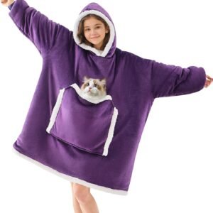 JOYWOO Purple Wearable Blanket Hoodie,Oversized Cat Lovers Sweatshirt Blanket for Adult & Teens,Birthday Gifts for Women Men Mom Girl Boys,Cozy Sherpa Blanket Giant Pocket Gifts,Dark Purple Small