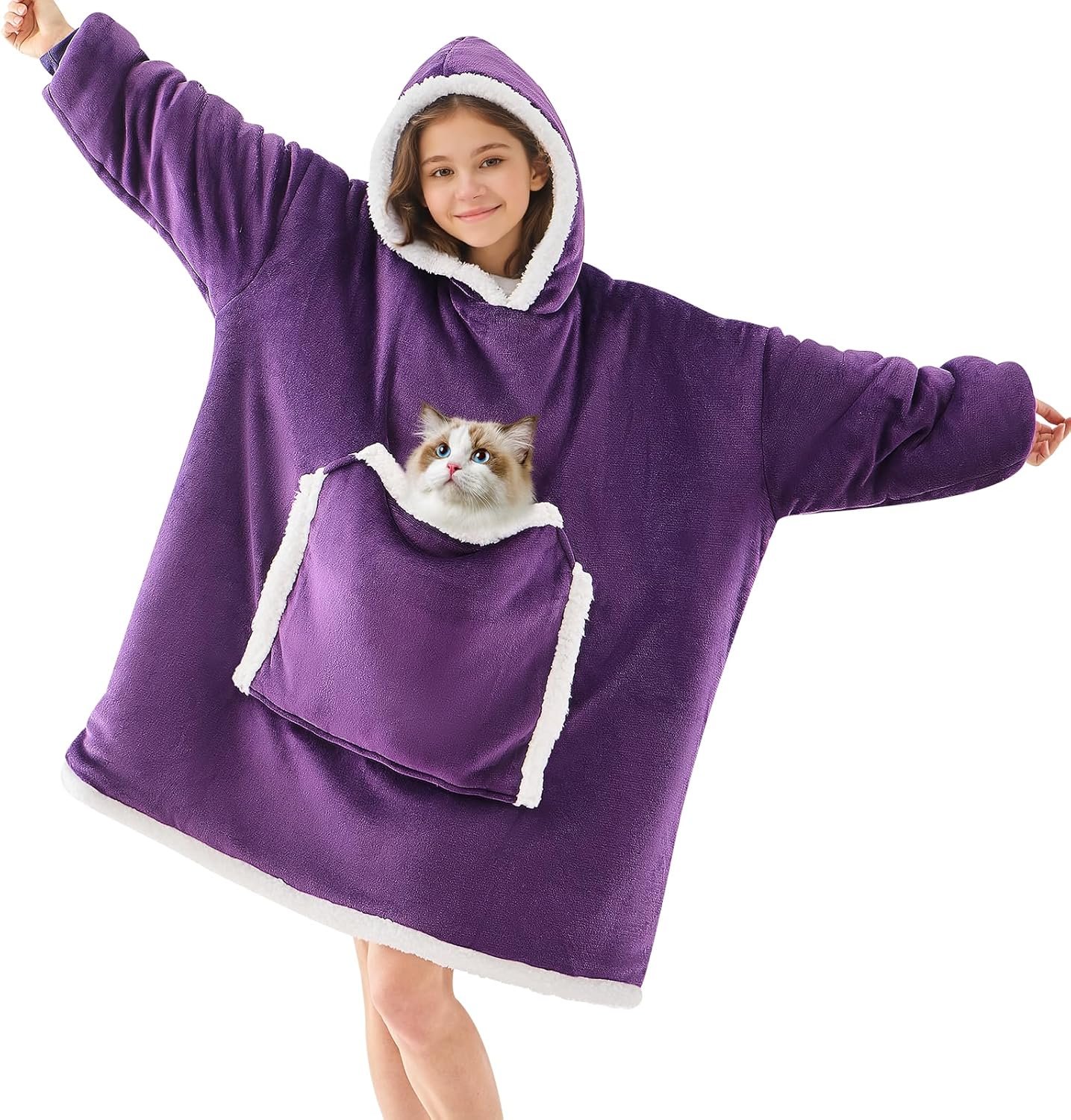 JOYWOO Purple Wearable Blanket Hoodie,Oversized Cat Lovers Sweatshirt Blanket for Adult & Teens,Birthday Gifts for Women Men Mom Girl Boys,Cozy Sherpa Blanket Giant Pocket Gifts,Dark Purple Small