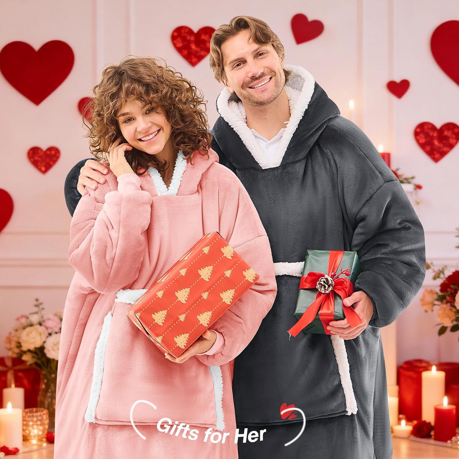 JOYWOO Small Wearable Blanket Hoodie,Oversized Cat Lovers Sweatshirt Blanket for Adult & Teens,Birthday Valentines Day Gifts for Teen Girls Boys Women 8-12,Cozy Sherpa Blanket Giant Pocket Gifts,Grey - Image 2