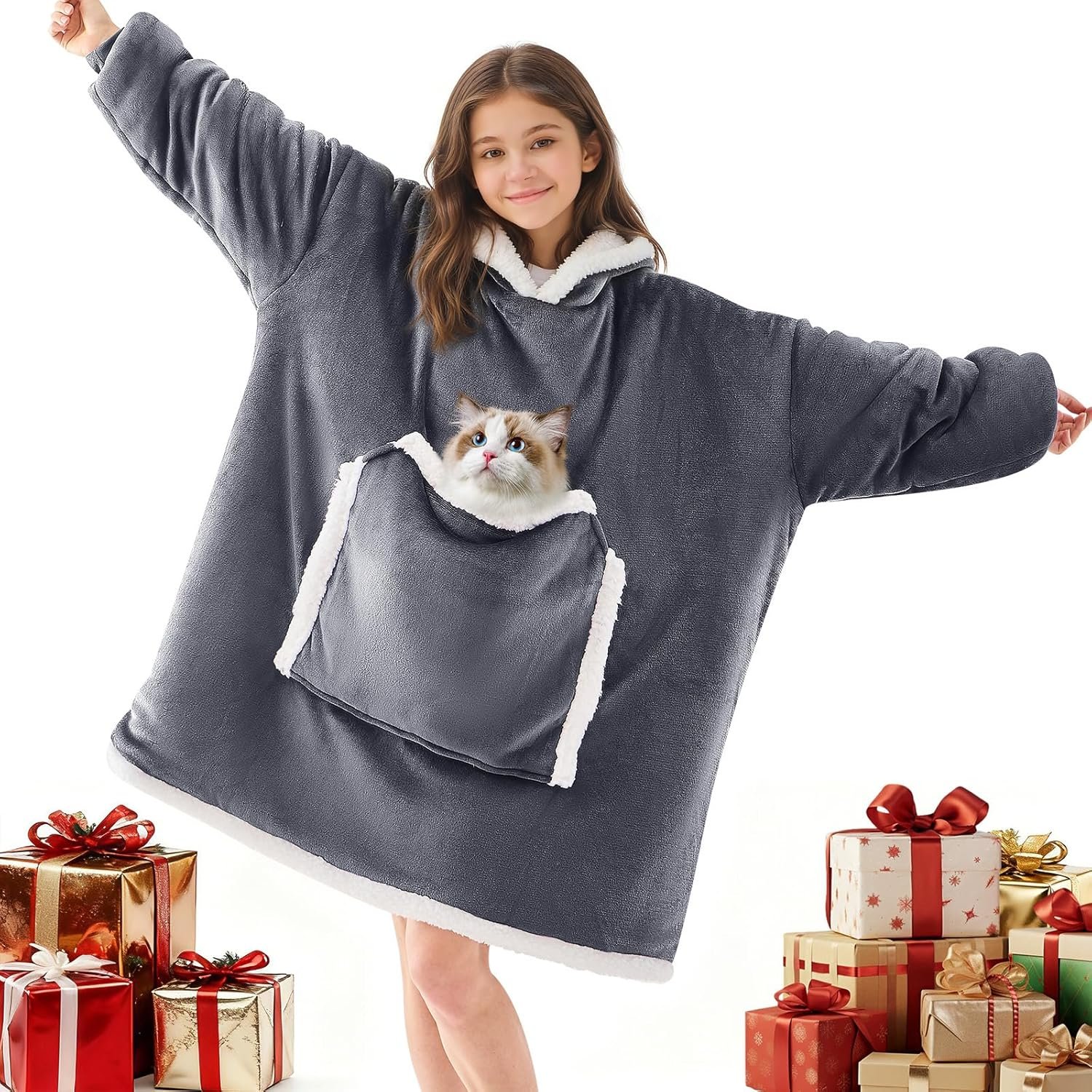 JOYWOO Small Wearable Blanket Hoodie,Oversized Cat Lovers Sweatshirt Blanket for Adult & Teens,Birthday Valentines Day Gifts for Teen Girls Boys Women 8-12,Cozy Sherpa Blanket Giant Pocket Gifts,Grey