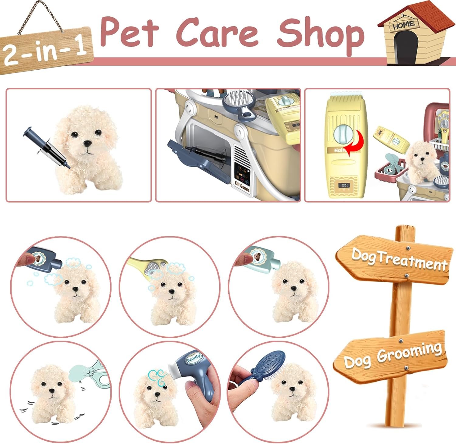 KAEGREEL Pet Care Playset, 23Pcs Pretend Play Kit with Pet Case for Treatment & Grooming, Fun Birthday for Kids Girls Aged 3-8 Year Old - Image 2