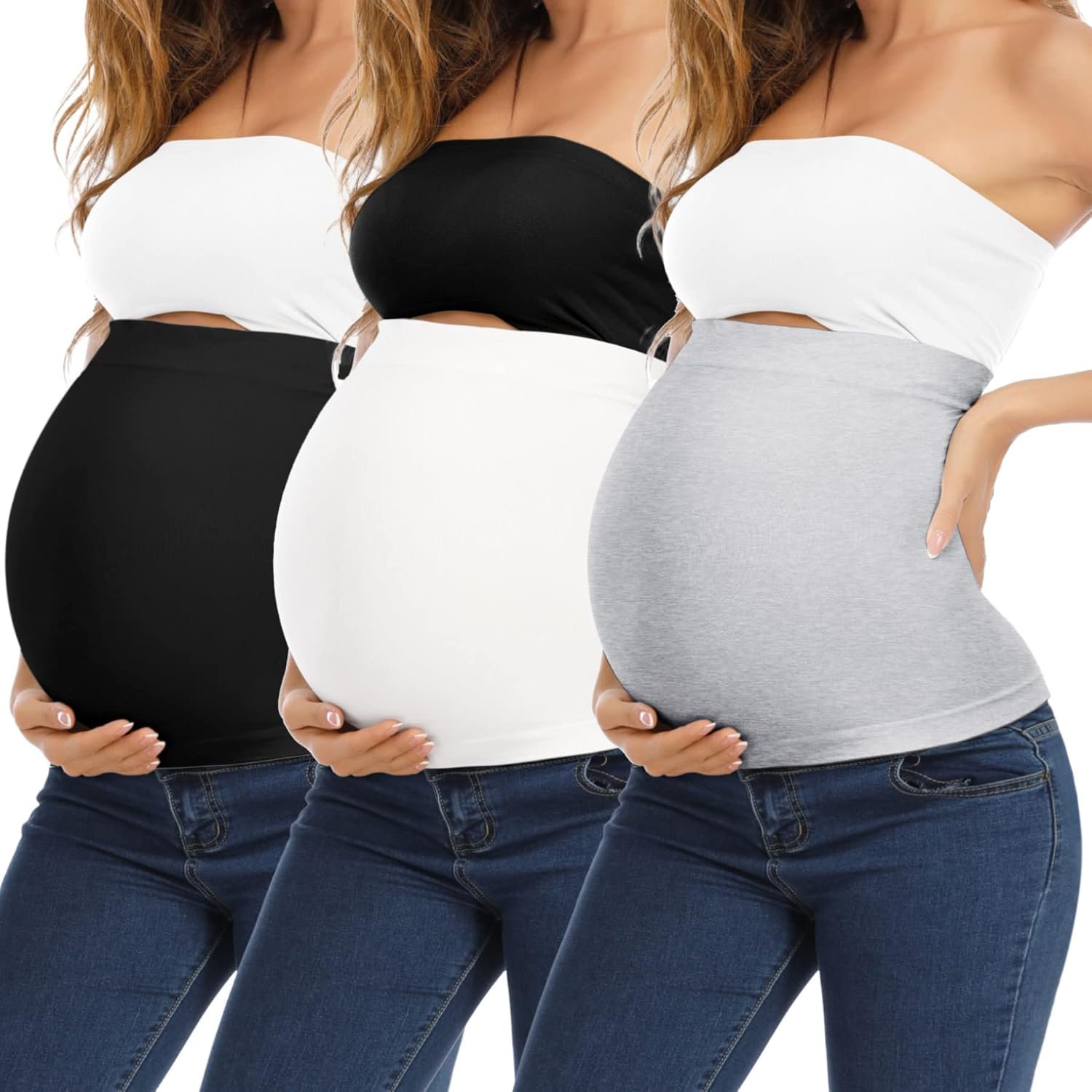 KIM S Set of 3 Pregnancy Support Belt Belly Belt for Pregnancy Maternity Band Belly Bands Pregnancy Belly Support Band Belly Bands for Pregnant Women Belly Band for Pregnancy Black White Grey 4