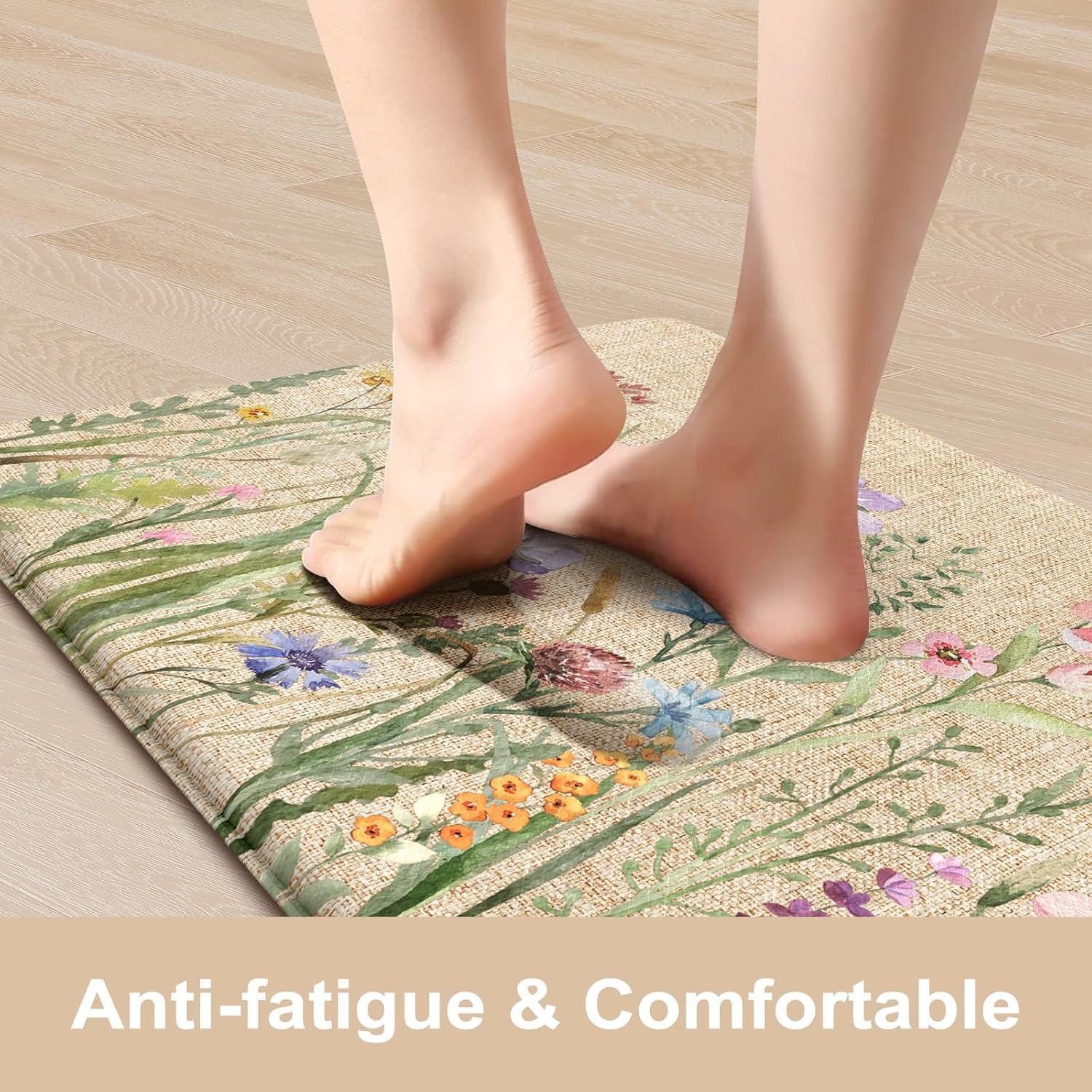 KIMODE Anti Fatigue Kitchen Mat, 17"x47"+17"x29" Floral Kitchen Rugs Sets of 2, Farmhouse Kitchen Floor Mats Non-Slip Cushioned, Comfort Standing Desk Mat for Sink, Laundry,Home Brown - Image 2