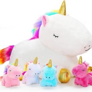 KMUYSL Toys for Girls Ages 0 1 2 3 4 5 6 7 8+ Years - Unicorn Mommy Stuffed Animal with 4 Baby Unicorns in Her Tummy, Soft Unicorn Plush Toys Set, Christmas Birthday Gifts for Baby, Toddler, Kids