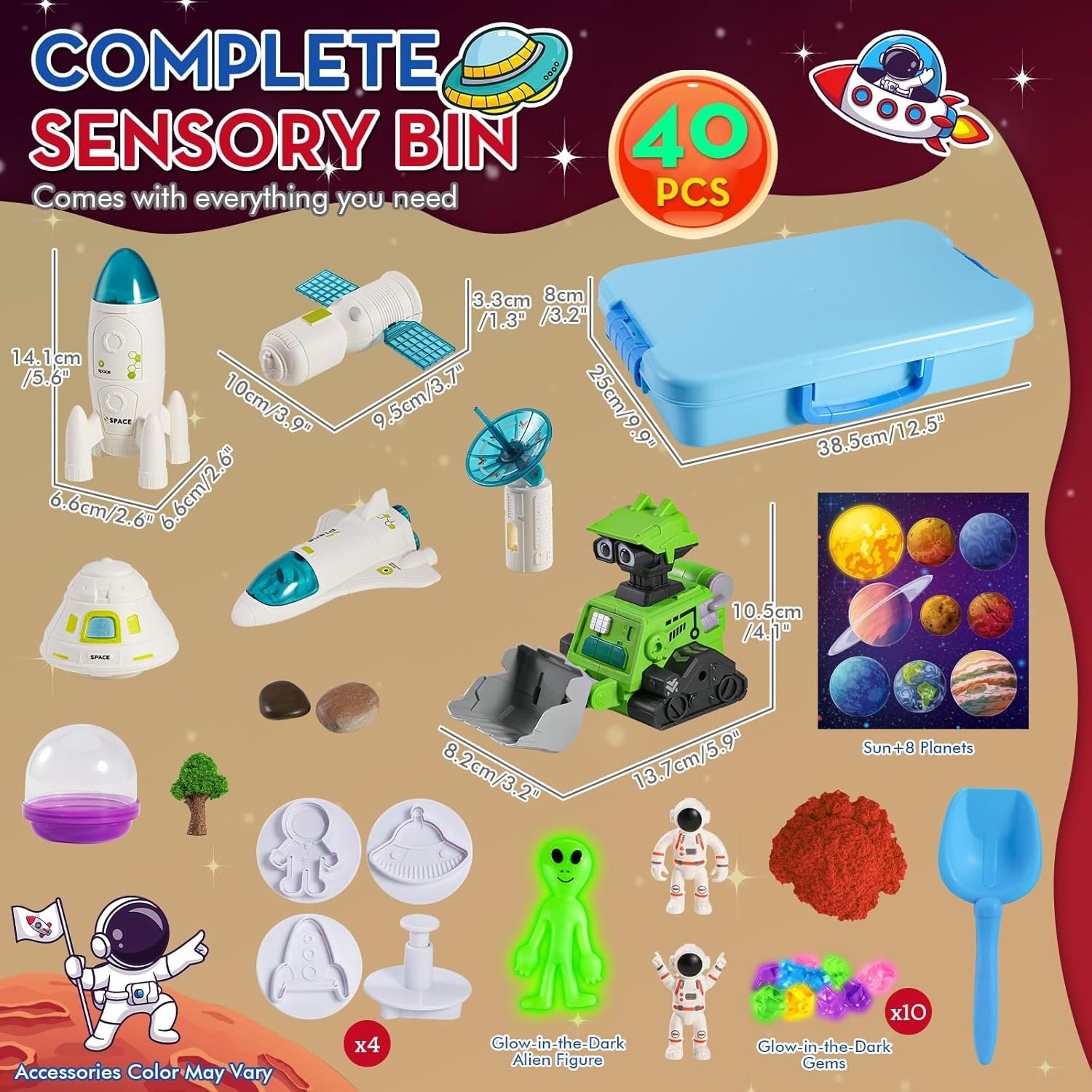 KNASON Outer Space Sensory Bin,Play Sand Kit for Boys with 2.2lbs Sand,Glow in The Dark Alien and Gems,Space Science Kits Sandbox Toys Preschool Toddler Activities Christmas Gift for Kids Ages 3-8 - Image 2