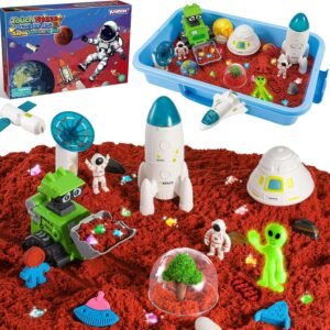 KNASON Outer Space Sensory Bin,Play Sand Kit for Boys with 2.2lbs Sand,Glow in The Dark Alien and Gems,Space Science Kits Sandbox Toys Preschool Toddler Activities Christmas Gift for Kids Ages 3-8