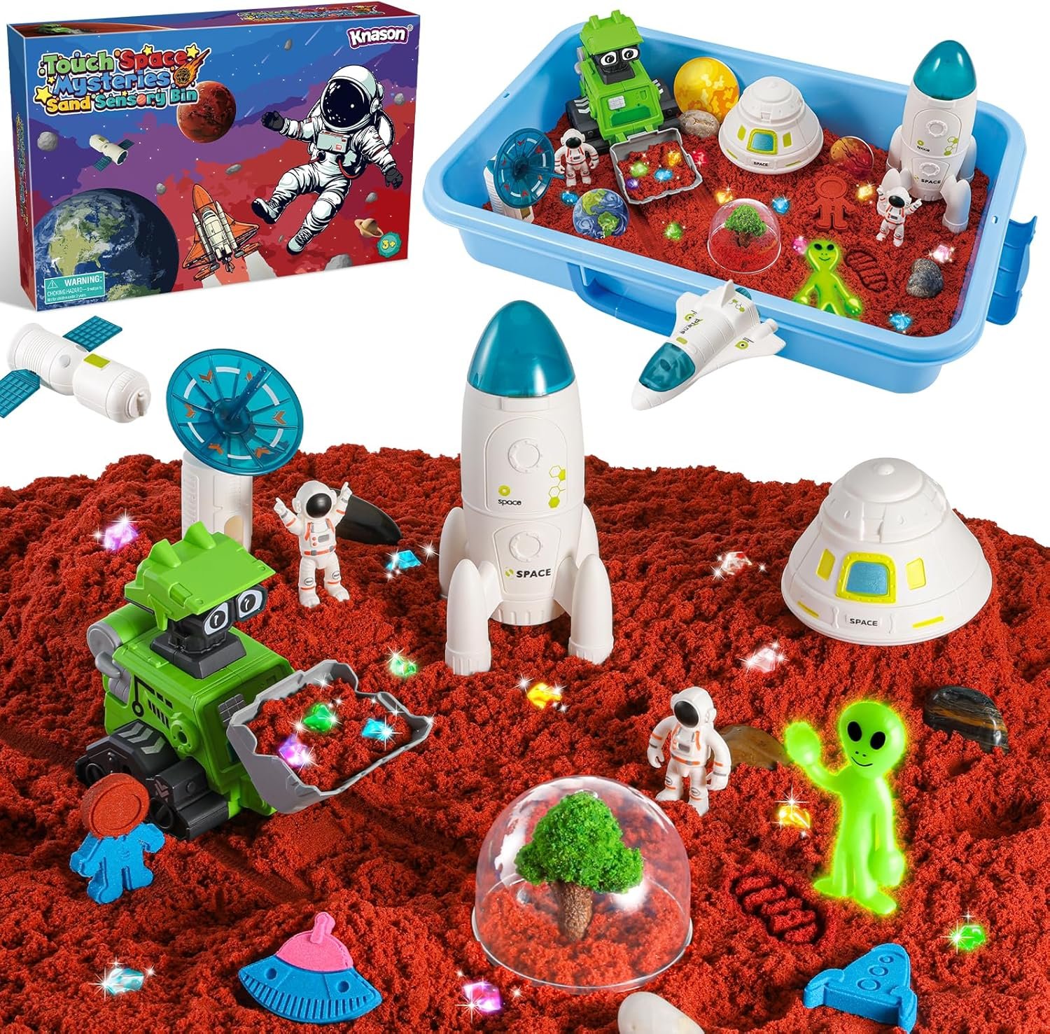 KNASON Outer Space Sensory Bin,Play Sand Kit for Boys with 2.2lbs Sand,Glow in The Dark Alien and Gems,Space Science Kits Sandbox Toys Preschool Toddler Activities Christmas Gift for Kids Ages 3-8