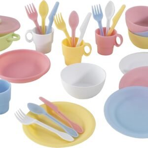 KidKraft 27-Piece Pastel Cookware Set, Plastic Dishes and Utensils for Play Kitchens, Gift for Ages 18 mo+