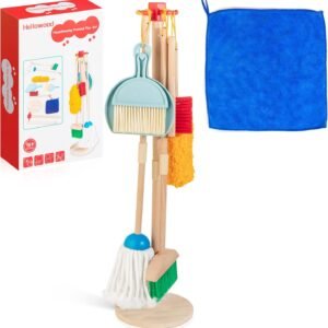 Kids Cleaning Set, 8 Pcs Wooden Housekeeping Play Set Includes Broom Mop Duster Dustpan Brushes Rag and Organizing Stand, Cleaning Toys Gift for Toddlers Girls Boys Age 3-6, Solid Beech Wood