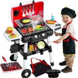 Kids Kitchen Toy Barbecue Grill Playset Cooking Interactive Toys with Smoke Sound Light Simulation Chef Apron Hat Little Chef Pretend Play Accessories Christmas Birthday Gift for Boys Girls