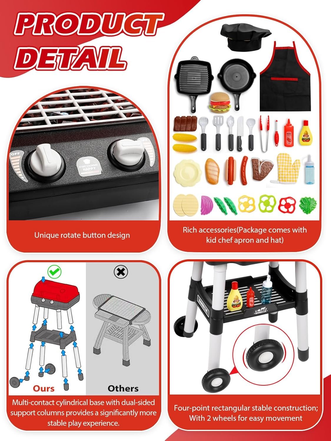 Kids Kitchen Toy Barbecue Grill Playset Cooking Interactive Toys with Smoke Sound Light Simulation Chef Apron Hat Little Chef Pretend Play Accessories Christmas Birthday Gift for Boys Girls - Image 2