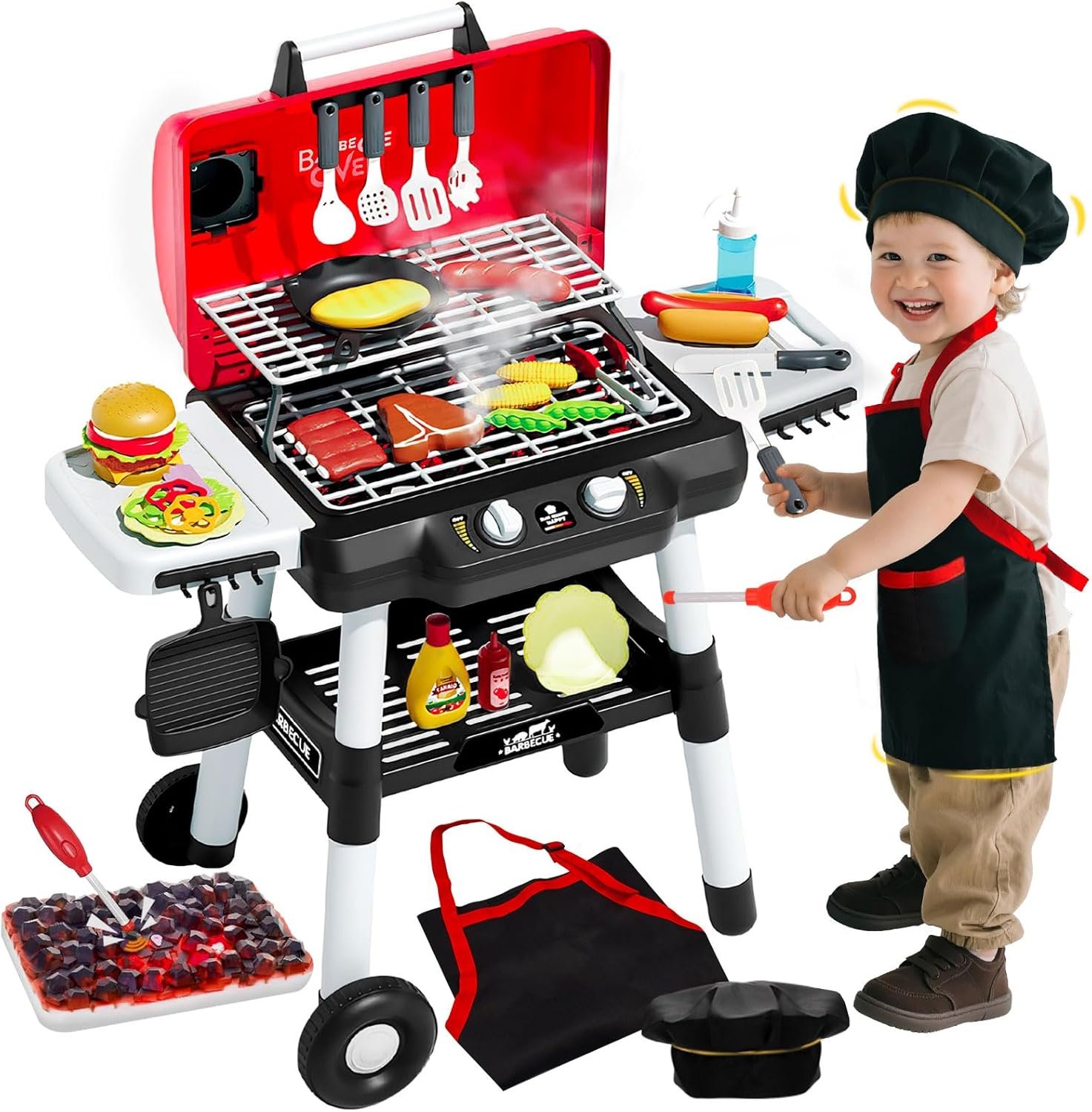 Kids Kitchen Toy Barbecue Grill Playset Cooking Interactive Toys with Smoke Sound Light Simulation Chef Apron Hat Little Chef Pretend Play Accessories Christmas Birthday Gift for Boys Girls