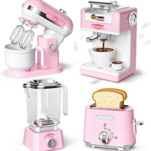 Kids Kitchen Toys Set, BPA-Free 7 Piece Pretend Play Appliances with Light Sound, Coffee Maker Blender Stand Mixer Toaster for Toddlers Ages 3 Plus, Educational Role Play Gift (Pink)