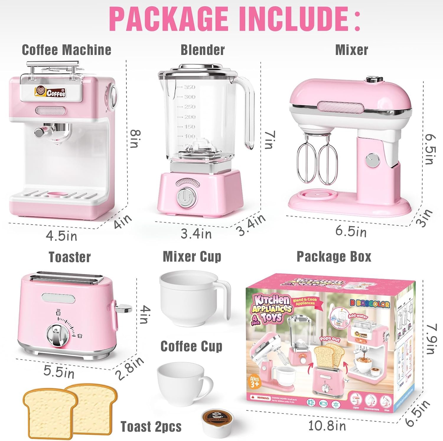 Kids Kitchen Toys Set, BPA-Free 7 Piece Pretend Play Appliances with Light Sound, Coffee Maker Blender Stand Mixer Toaster for Toddlers Ages 3 Plus, Educational Role Play Gift (Pink) - Image 2