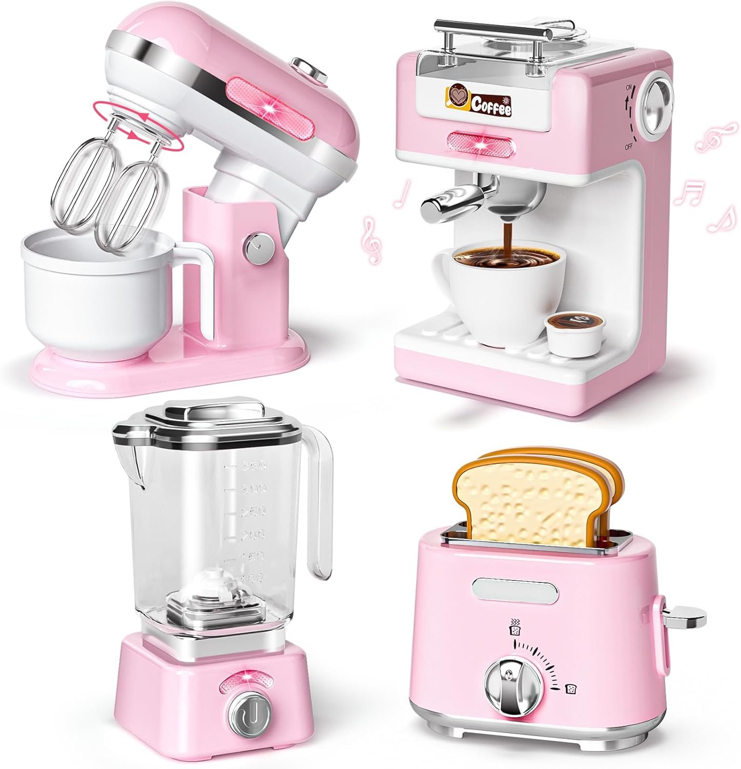 Kids Kitchen Toys Set, BPA-Free 7 Piece Pretend Play Appliances with Light Sound, Coffee Maker Blender Stand Mixer Toaster for Toddlers Ages 3 Plus, Educational Role Play Gift (Pink)