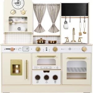 Kids Kitchen playset, Wooden Play Kitchen, Height Adjustable, Comes with Various Kitchen Accessories, Ideal Role Play Toy Gift for Toddlers and Kids Ages 3-8 (White)