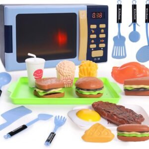 Kids Microwave Toy with Light and Sound, Realistic Toy Kitchen Appliances, Play Kitchen Accessories and Play Food for Toddlers 3 Year Old Up Girls Boys, Blue