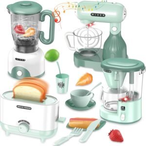 Kids Play Kitchen Accessories, Pretend Play Kitchen Appliance Toy Set with Coffee Maker, Toaster, Blender, Mixer, Kitchen Toys with Light & Sound, Play Kitchen Sets for Kids Ages 3 4 5 6