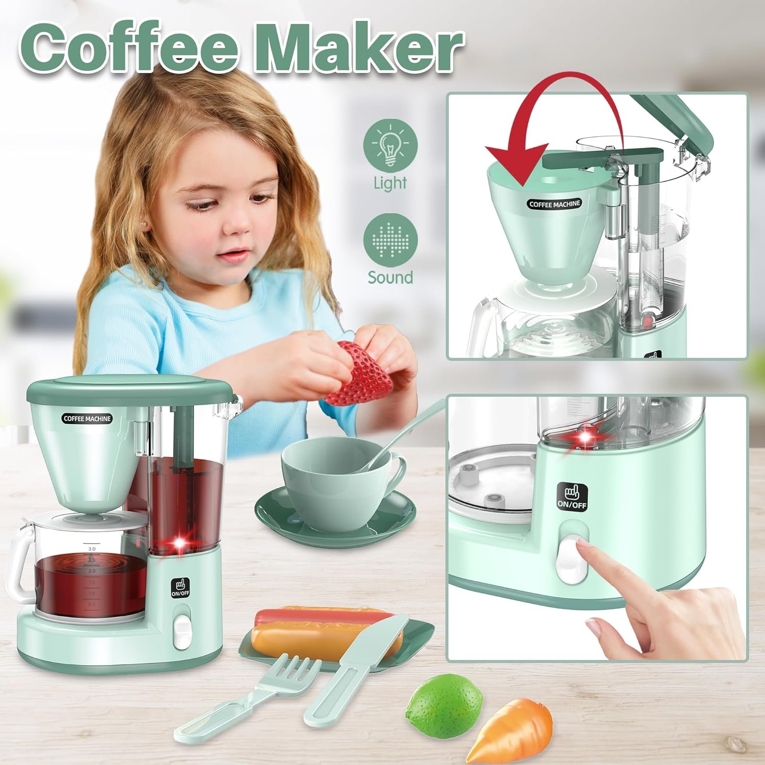 Kids Play Kitchen Accessories, Pretend Play Kitchen Appliance Toy Set with Coffee Maker, Toaster, Blender, Mixer, Kitchen Toys with Light & Sound, Play Kitchen Sets for Kids Ages 3 4 5 6 - Image 2