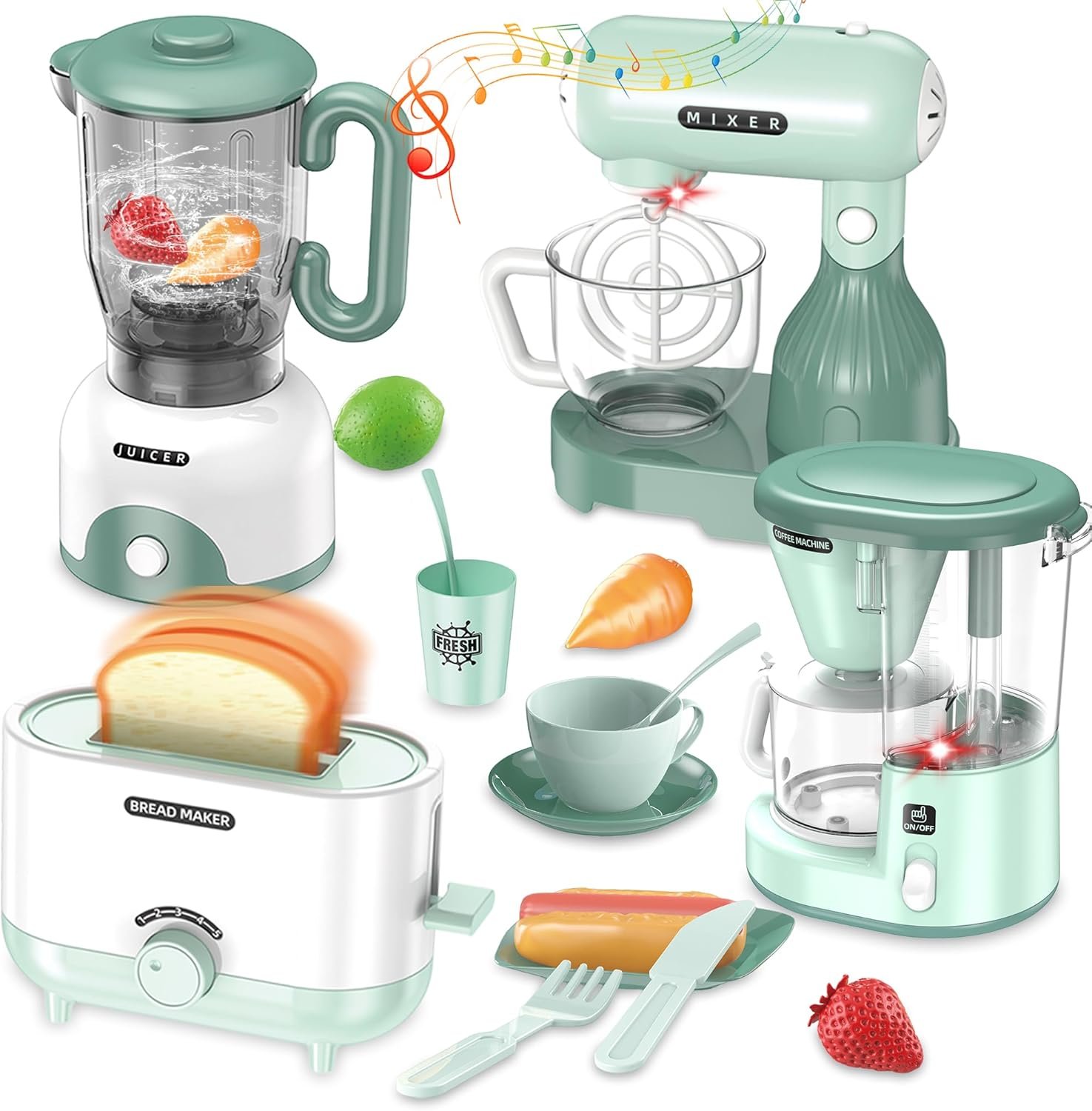 Kids Play Kitchen Accessories, Pretend Play Kitchen Appliance Toy Set with Coffee Maker, Toaster, Blender, Mixer, Kitchen Toys with Light & Sound, Play Kitchen Sets for Kids Ages 3 4 5 6