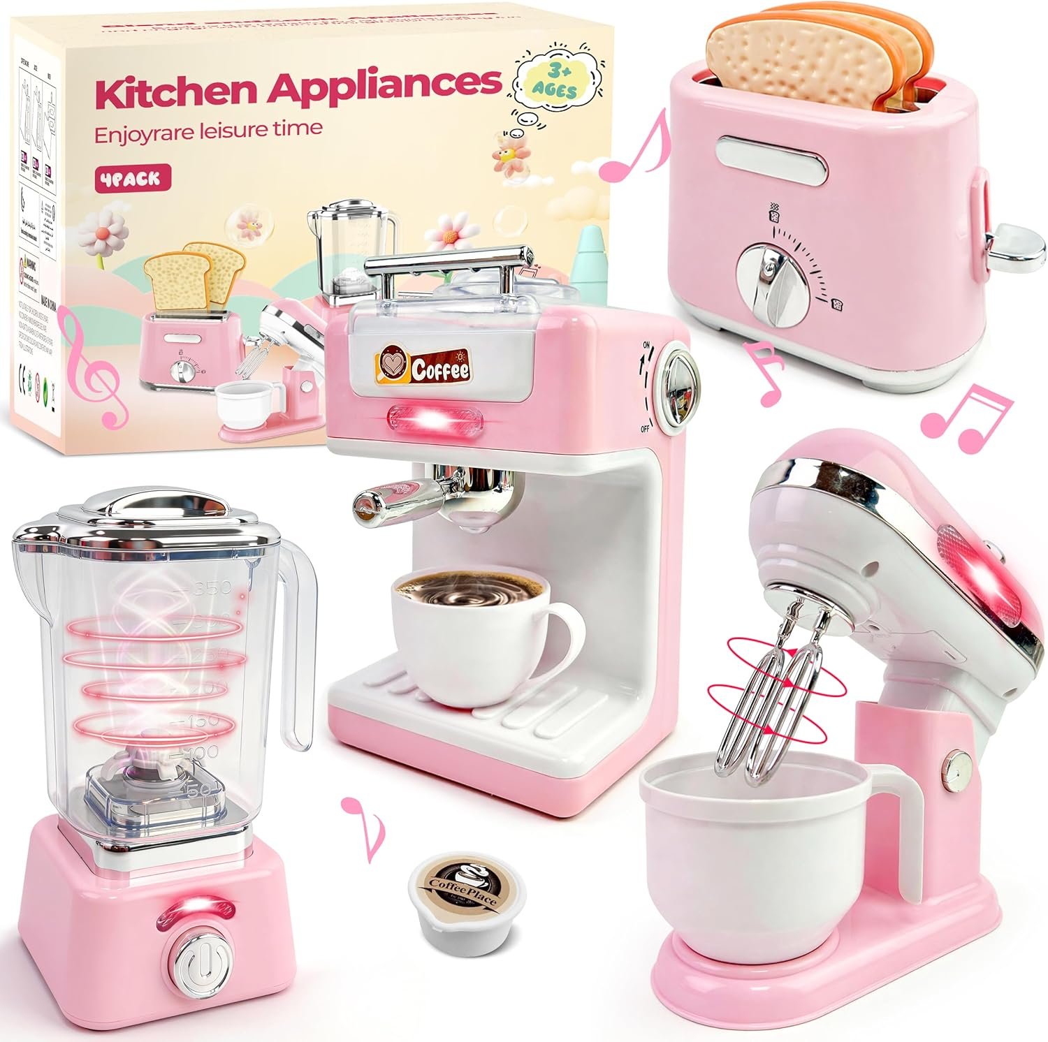 Kids Play Kitchen Accessories Toys Set,Prented Play Kitchen Appliances Playset,Blender,Coffee Maker,Mixer,Toaster with Light & Sound,Kitchen Sets for Kids Age 4-8,Pink Kitchen Toys for Toddler Girls
