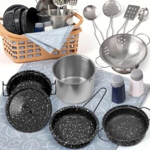 Kids Play Kitchen Toy Accessories Set Toddler Cooking Playset Colorful Stainless Steel Pots and Pans Birthday Gifts for 3+ Girls Boys (New Black)