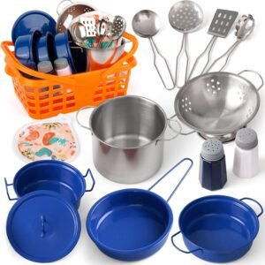 Kids Play Kitchen Toy Accessories Set Toddler Cooking Playset for Girls Boys Including Colorful Pots and Pans (Blue)