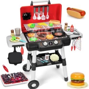 Kids Play Kitchen Toys, Kids BBQ Grill Playset with Smoke Sound Light, 2-Layer Barbecue Toy with Wheels, Outdoor Play Food Toys Cooking Set for Toddlers 3-5, Birthday for Boys Girls
