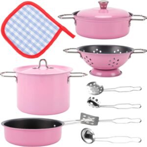 Kids Play Kitchen Toys Pretend Cooking Pink Stainless Steel Pots and Pans Metal Kitchen Set with Utensils (11 Pieces)