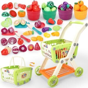 Kids Shopping Cart with Cutting Play Food Set for Kid Kitchen, 2 in 1 Shopping Cart for Kids Grocery Store Pretend Play Kitchen Accessories Sorting Food Bucket Learning Toys Gift for Toddler 3-5
