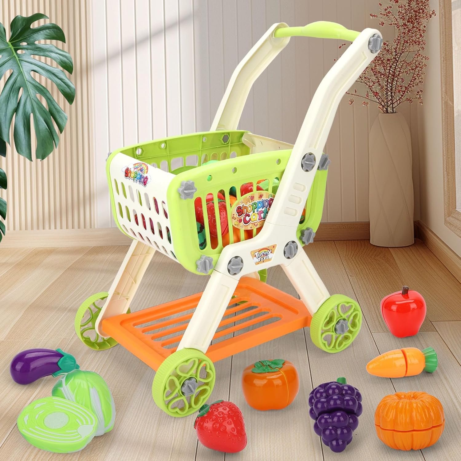 Kids Shopping Cart with Cutting Play Food Set for Kid Kitchen, 2 in 1 Shopping Cart for Kids Grocery Store Pretend Play Kitchen Accessories Sorting Food Bucket Learning Toys Gift for Toddler 3-5 - Image 2