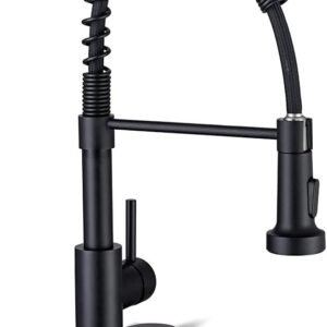 Kitchen Faucets with Pull Down Sprayer Commercial Industrial Stainless Steel Single Handle Single Hole Spring Farmhouse RV Sink Faucet, Matte Black Kitchen Faucet for Laundry Utility Room Sink