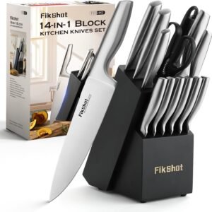 Kitchen Knife Set, FIKSHOT Premium Stainless Steel Knife Block Set, Razor-Sharp Santoku Knife and Fruit Knives, Gift for Homecooks, Rust-Proof, Designed for Women