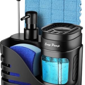 Kitchen Soap Dispenser Set, 4-in-1 Dual Hand and Dish Soap Dispenser with Sponge Holder and Dishcloth Holder for Kitchen Sink (Black)