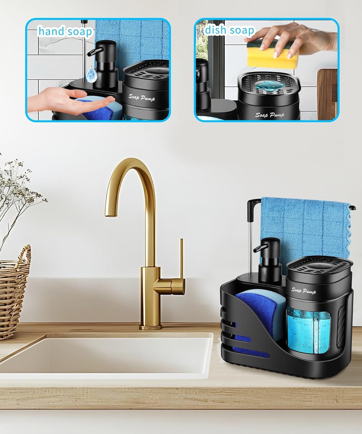 Kitchen Soap Dispenser Set, 4-in-1 Dual Hand and Dish Soap Dispenser with Sponge Holder and Dishcloth Holder for Kitchen Sink (Black) - Image 2